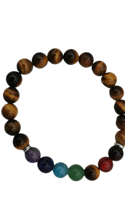 Un Bracelet 7 chakras œil du tigre composé de perles marron et de sept perles de couleurs variées disposées en motif circulaire sur un fond uni. Mode Grande taille