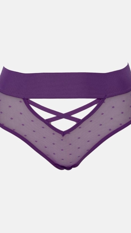 Le slip brésilien Abigail est élégant et confortable, avec un design taille haute violet avec une maille transparente à pois et des bretelles croisées sur le devant, parfait pour celles qui recherchent la Mode Grande Taille. Mode Grande taille