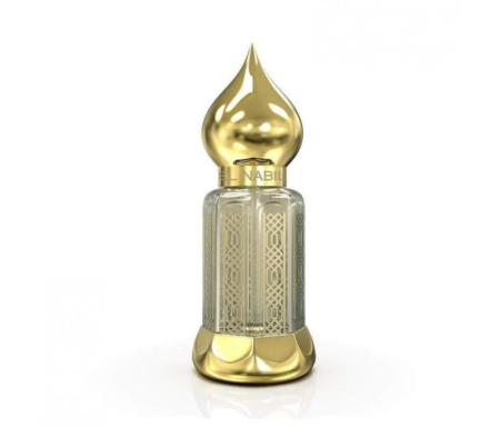 Un flacon de parfum Musc Collection Prestige El Nabil aux motifs dorés complexes et au bouchon doré en forme de larme se dresse élégamment sur un fond blanc. Mode Grande taille