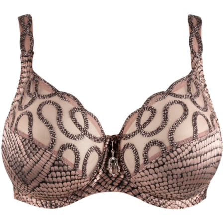 Le Soutien gorge divine santal Louisa Bracq est un soutien-gorge décoratif au motif serpent et aux coutures complexes, doté d'un design en maille sur la partie supérieure des bonnets, parfait pour celles qui adoptent la Mode Grande Taille. Mode Grande taille