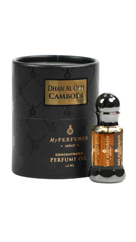 Un flacon d'huile de parfum concentrée Musk Dhan Al Oud Cambodi se dresse à côté de son emballage cylindrique noir, incarnant l'élégance de Mode Grande Taille. Mode Grande taille