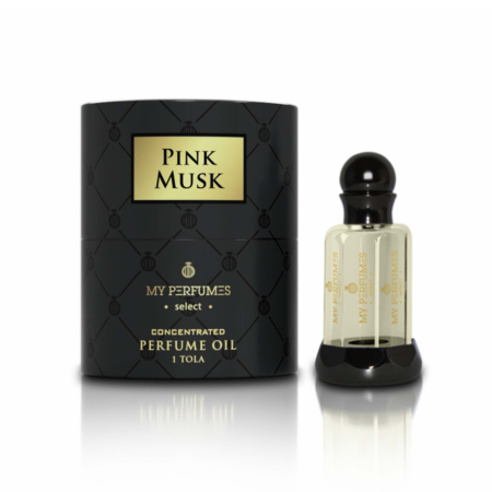 Un flacon d'huile de parfum concentrée « Musc intime Pink Musk » de My Perfumes, élégamment présenté à côté de son emballage cylindrique noir et or, respire le luxe et la sophistication, véritablement Mode Grande Taille. Mode Grande taille