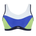 Soutien-gorge de sport à armatures non rembourré bleu, vert et blanc avec bordure noire, orné du logo Soulflower sur le devant. Nom du produit : Soutien-gorge de sport à armatures non rembourré bleu. Mode Grande taille