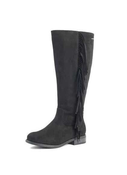 Bottes mollets larges Aiyanna vario XL/2XL Gabylou en noir, avec longueur jusqu'aux genoux et détails de franges latérales, présentées sur un fond blanc. Mode Grande taille