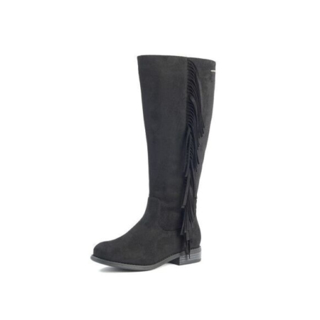 Bottes mollets larges Aiyanna vario XL/2XL Gabylou en noir, avec longueur jusqu'aux genoux et détails de franges latérales, présentées sur un fond blanc. Mode Grande taille