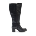 Bottes mollets larges Chrystel vario XL/2XL Gabylou en cuir noir, présentant une conception haute jusqu'au genou avec un talon épais et un détail de sangle, présentée de profil latéral sur fond blanc. Mode Grande taille