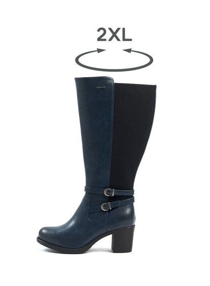 Bottes Marta mollet large en noir et bleu marine avec sangles réglables, indication de taille 2XL de Gabylou. Mode Grande taille