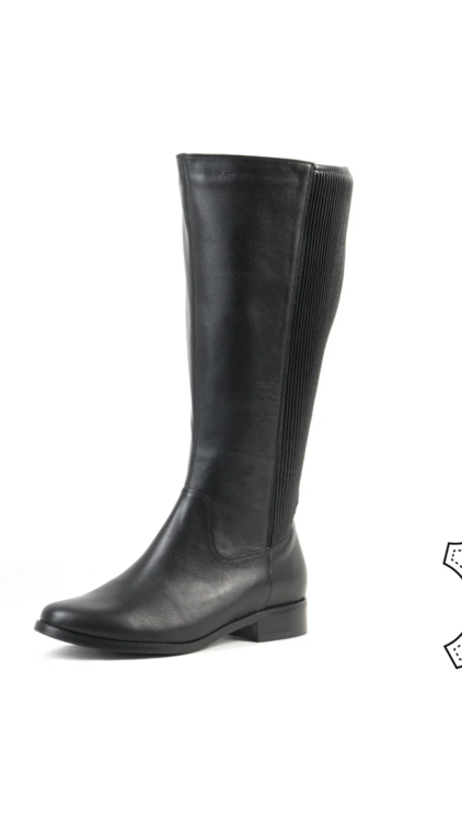 Bottes mollets larges Tokyo XL Gabylou en cuir noir avec un talon bas et un panneau élastique latéral, présentées sur un fond blanc. Mode Grande taille