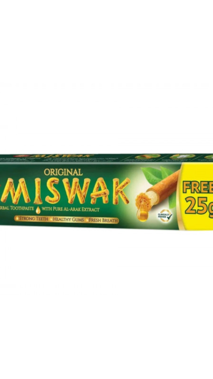 Boîte de dentifrice étiquetée « Dentifrice miswak 75gr » avec le texte « Dents fortes » et « Gratuit 25g » sur un emballage vert. Mode Grande taille