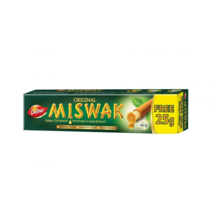 Boîte de dentifrice étiquetée « Dentifrice miswak 75gr » avec le texte « Dents fortes » et « Gratuit 25g » sur un emballage vert. Mode Grande taille