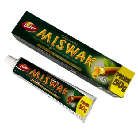 Dentifrice Miswak en tube et boîte de 75 gr avec marque d'extrait de plantes sur fond blanc. Mode Grande taille