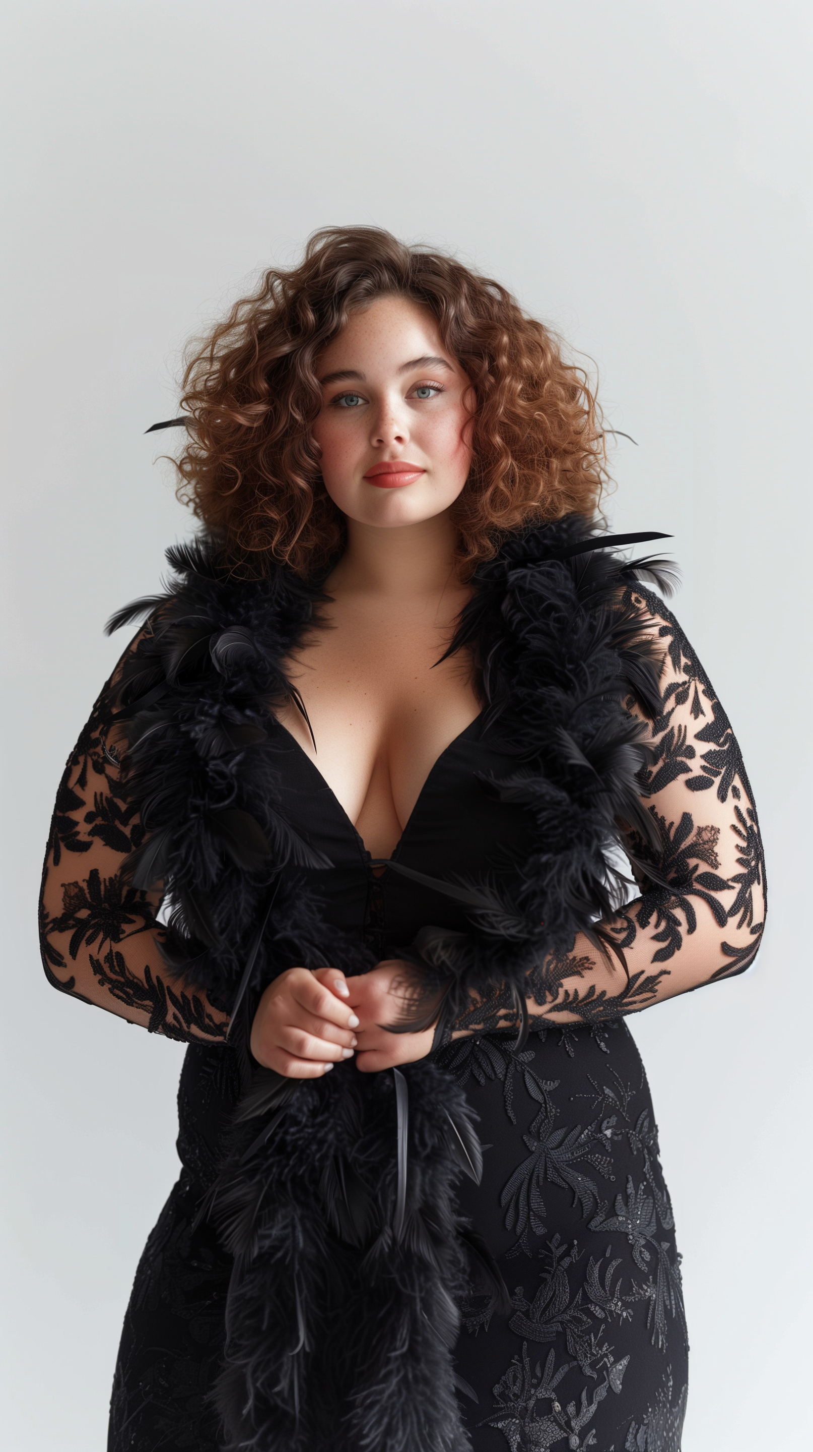 Personne portant une robe noire à motifs de dentelle avec des accents de plumes sur fond blanc. Mode Grande taille