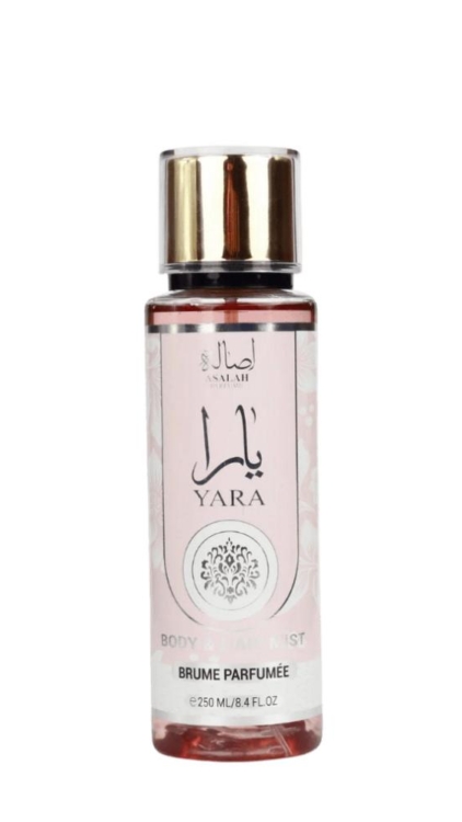 Flacon transparent de Roll Yara 10 ml - huile de parfum sans alcool avec bouchon doré, rempli de liquide rose. L'étiquette comporte un texte arabe à côté d'un motif floral. Mode Grande taille