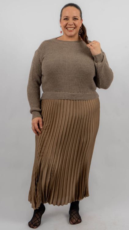 Une femme souriante portant un pull marron et une jupe plissée pose sur un fond blanc uni. Mode Grande taille