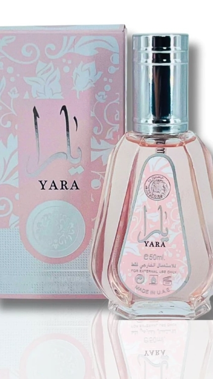 Flacon de parfum et boîte étiquetés « Roll Yara », avec des motifs floraux roses et argentés, 10 ml. Mode Grande taille