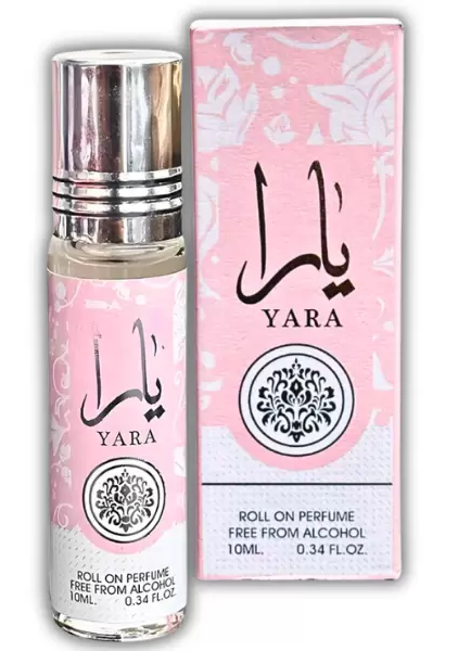 Flacon et boîte rose et blanc au design ornemental de "Roll Yara" 10 ml, une huile parfumée sans alcool. Mode Grande taille