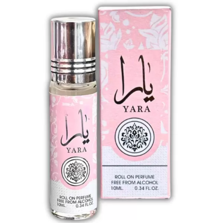 Flacon et boîte rose et blanc au design ornemental de "Roll Yara" 10 ml, une huile parfumée sans alcool. Mode Grande taille