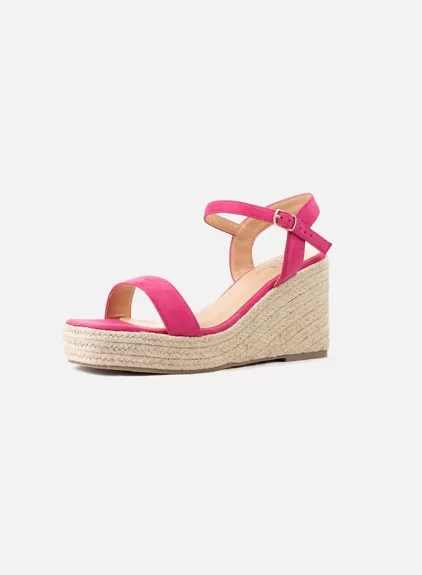 Sandales compensées pieds larges Vic - Gabylou : sandale rose à bride cheville et semelle plateforme façon espadrille, présentée sur fond blanc. Mode Grande taille