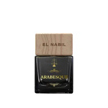 Un flacon de Parfum de toilette Arabesque El Nabil présente un bouchon en bois et un texte doré sur un élégant flacon en verre noir. Mode Grande taille