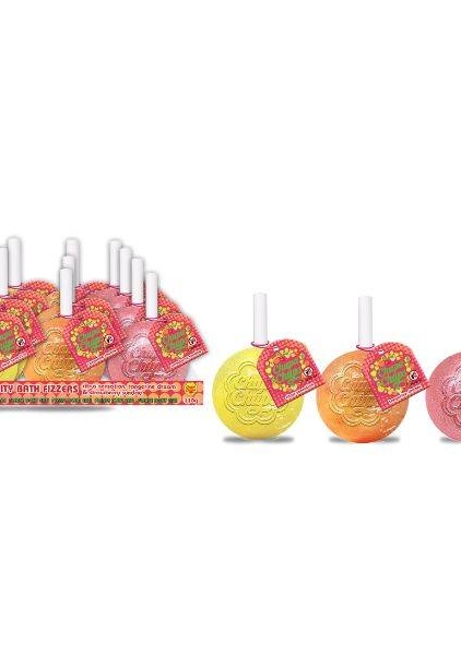 Bombe de bain Chupa Chups : bombes de bain pétillantes en forme de sucette de couleur jaune, orange et rose, présentées dans une boîte colorée. Mode Grande taille