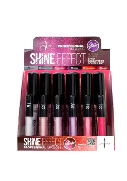 Coffret présentoir de gloss professionnels Gloss pailleté aux teintes variées, disposés sur deux rangées. Mode Grande taille