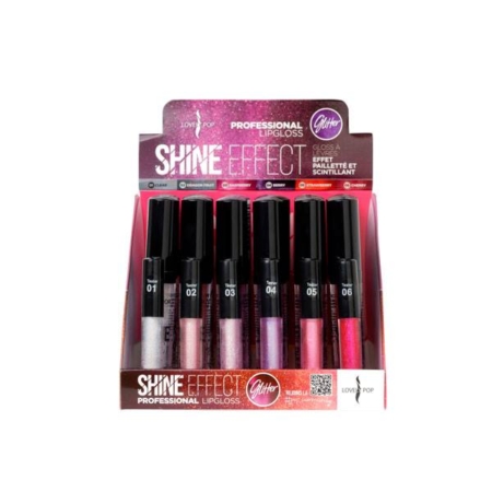 Coffret présentoir de gloss professionnels Gloss pailleté aux teintes variées, disposés sur deux rangées. Mode Grande taille