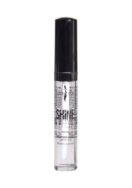 Gloss transparent brillant, un gloss à lèvres transparent dans un petit tube cylindrique avec un bouchon noir, se dresse debout sur un fond blanc. Mode Grande taille