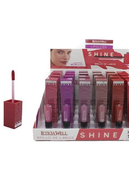 Présentation du gloss Eticia Well Shine dans différentes teintes, avec un applicateur ouvert et un fermé. Mode Grande taille