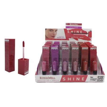 Présentation du gloss Eticia Well Shine dans différentes teintes, avec un applicateur ouvert et un fermé. Mode Grande taille