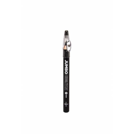Crayon yeux 2 en 1 jumbo noir avec capuchon transparent et taille-crayon intégré, présenté debout sur fond blanc. Mode Grande taille