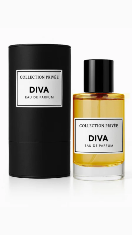 Un flacon de « Parfum Diva Collection Privée » est exposé à côté de son coffret cylindrique noir assorti. Mode Grande taille