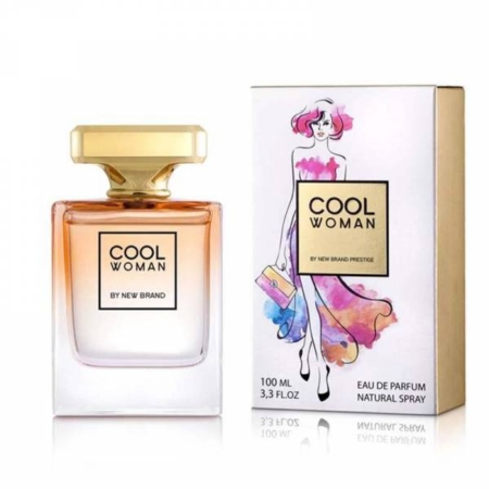 Un flacon de Parfum Cool Woman est exposé à côté de sa boîte, qui présente une illustration colorée d'une femme. Mode Grande taille