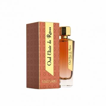 Un flacon d'Eau de parfum Oud Elixir Gold Label exposé à côté de sa boîte décorative assortie. Mode Grande taille