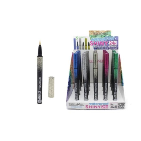Présentoir d'eyeliners waterproof pailletés de différentes couleurs, avec un stylo décapuchonné et posé à côté de la boîte. Mode Grande taille