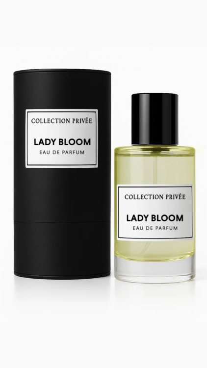 Un flacon « Parfum Lady Bloom Collection Privée » avec une étiquette blanche se dresse à côté de sa boîte noire cylindrique assortie, tous deux dotés d'étiquettes blanches. Mode Grande taille