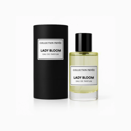 Un flacon « Parfum Lady Bloom Collection Privée » avec une étiquette blanche se dresse à côté de sa boîte noire cylindrique assortie, tous deux dotés d'étiquettes blanches. Mode Grande taille