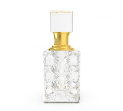 Collection Musc Al Quraishi Crystal El Nabil : un flacon de parfum en verre transparent avec un col doré et un corps carré et décoratif présenté sur un fond blanc. Mode Grande taille