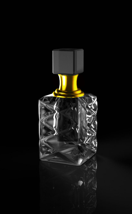 Le parfum Musc Aswad Collection Crystal EL Nabil présente un flacon en verre facetté avec un col doré et un bouchon noir, sur fond noir. Mode Grande taille
