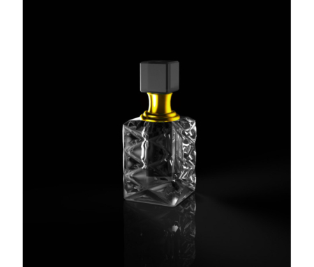 Le parfum Musc Aswad Collection Crystal EL Nabil présente un flacon en verre facetté avec un col doré et un bouchon noir, sur fond noir. Mode Grande taille