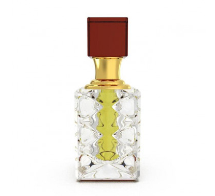 Un flacon de parfum Musc Oud Sublime Collection Crystal El Nabil transparent et orné présente un col doré, un bouchon rouge carré et est rempli de liquide jaune. Mode Grande taille