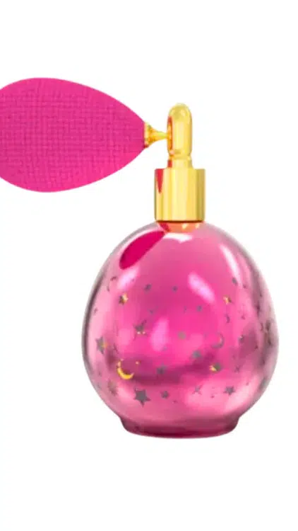 Parfum musc princesse EL Nabil : Flacon de parfum vintage rose avec étoiles dorées et une poire atomiseur rose texturée, présenté sur un fond blanc. Mode Grande taille