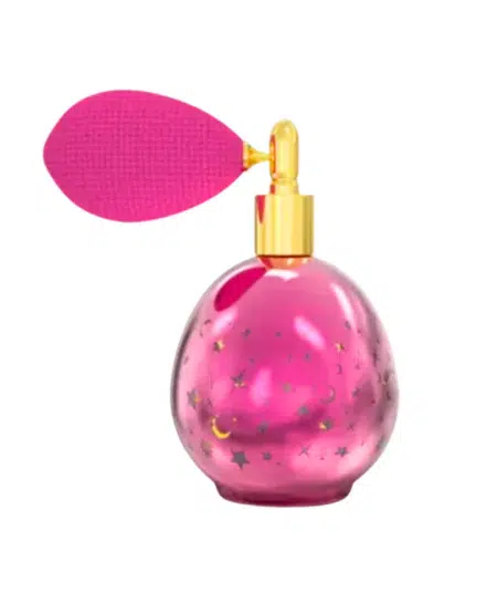Parfum musc princesse EL Nabil : Flacon de parfum vintage rose avec étoiles dorées et une poire atomiseur rose texturée, présenté sur un fond blanc. Mode Grande taille