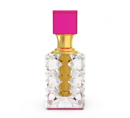 La collection Musc Rose Taïf Crystal El Nabil présente un flacon en verre transparent et texturé avec un col doré et un bouchon carré rose vif. Mode Grande taille