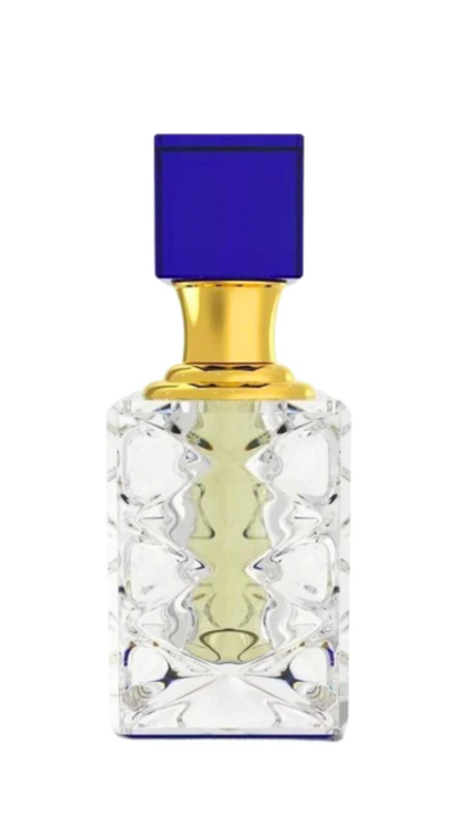 Collection Musc Sugar Crystal El Nabil : Flacon de parfum en verre transparent avec un col doré et un bouchon carré bleu, rempli de liquide jaune clair. Mode Grande taille