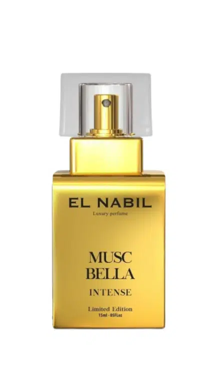 Un flacon doré de parfum Eau de parfum intense musc bella 15 ml avec un bouchon rectangulaire transparent. Mode Grande taille