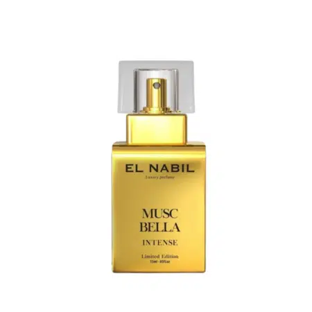 Un flacon doré de parfum Eau de parfum intense musc bella 15 ml avec un bouchon rectangulaire transparent. Mode Grande taille