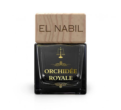 Flacon de parfum carré étiqueté "Parfum de dressing Orchidée Royale" avec un bouchon en bois marqué "El Nabil". Mode Grande taille