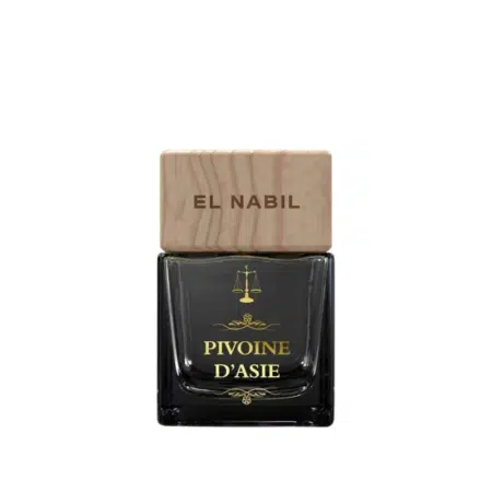 Un flacon de Parfum de toilette Pivoine d'Asie El Nabil avec un bouchon en bois est présenté sur un fond blanc. Mode Grande taille
