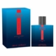 Coffret bleu "Eau de toilette Pluton pour homme" et flacon assorti de 100 ml, tous deux avec texte rouge et bouchon noir. Mode Grande taille