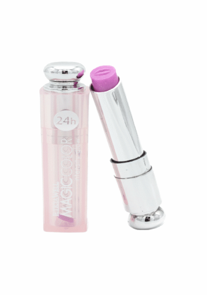 Un tube de rouge à lèvres Rouge à lèvres couleur magique rose avec un capuchon argenté, montré retiré pour révéler le rouge à lèvres violet à l'intérieur. Mode Grande taille